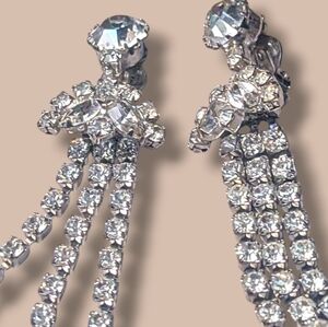 Vintage Silver Crystal Tassel Dangle Drop Clip-On Earrings